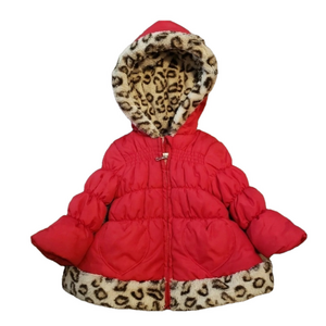 Pistachio Brand Infant Girl’s Hooded Coat Red With Leopard Faux Fur 12 Months